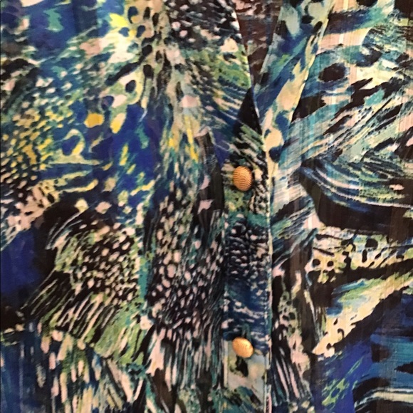 Ladies Glance blouse. Turquoise, blue - tropical colors and print. Size XL. - Picture 2 of 8